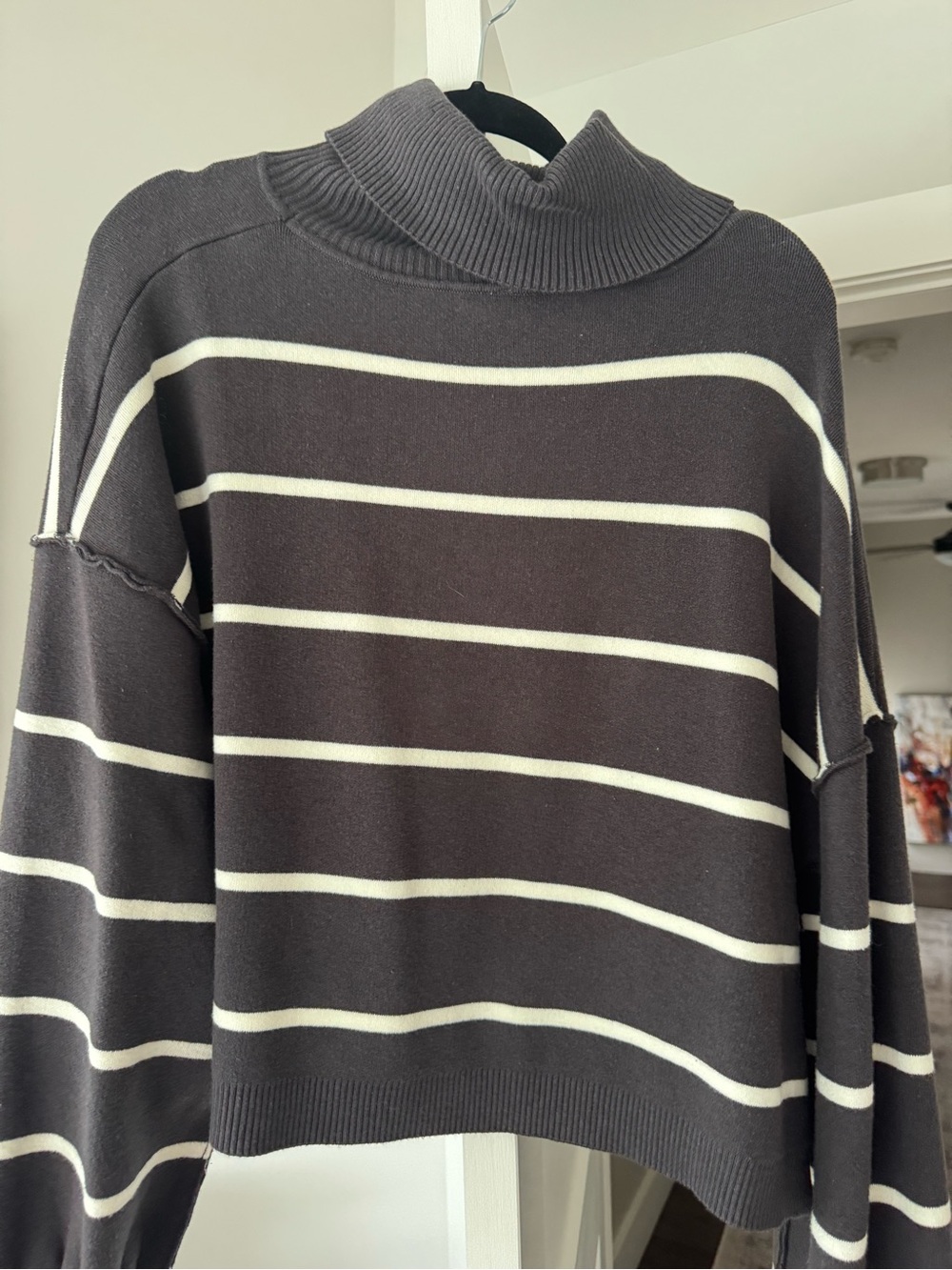 Free People Black and White Striped Oversized Cowl-Neck Sweater